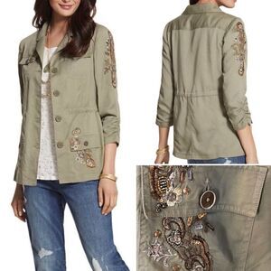 Chico's Lightweight Olive Utility Jacket with Embroidery, Beading & Sequins Size